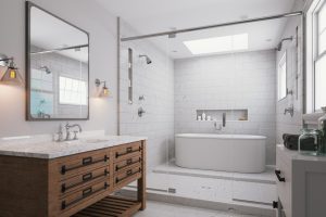 Modern bathroom with wooden vanity, white bathtub, and skylight.