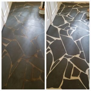 Before and after floor restoration with repaired cracks.