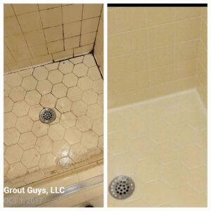 Before and after grout cleaning on a tiled shower floor.