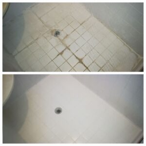 Two images showing a drain area with visible dirt and discoloration.